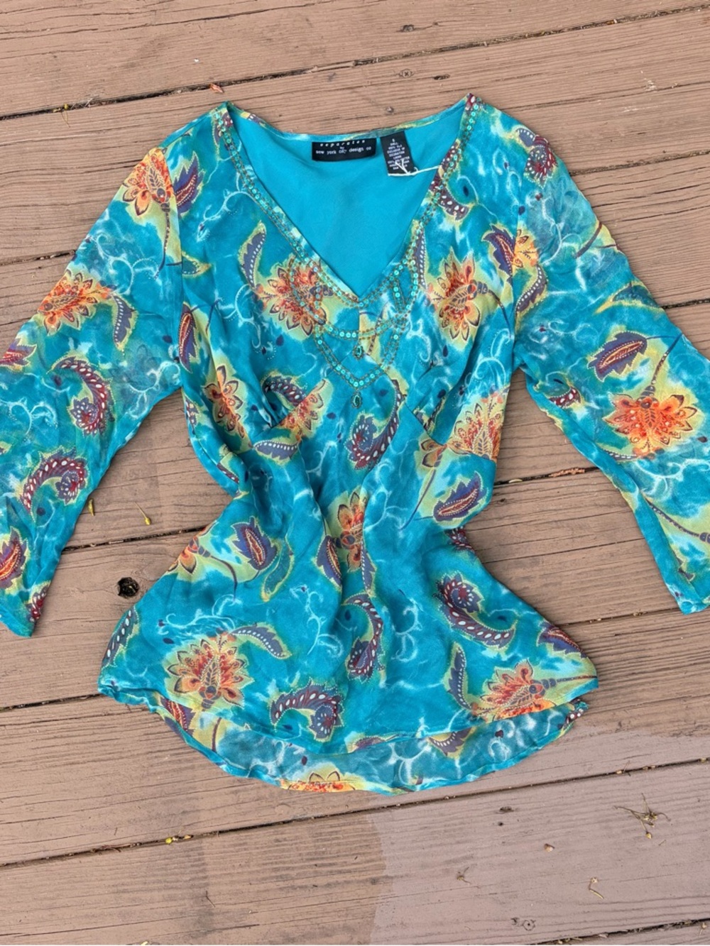 Vintage 2000’s Y2K Seperates 100% silk paisley turquoise blouse with sequin neck
